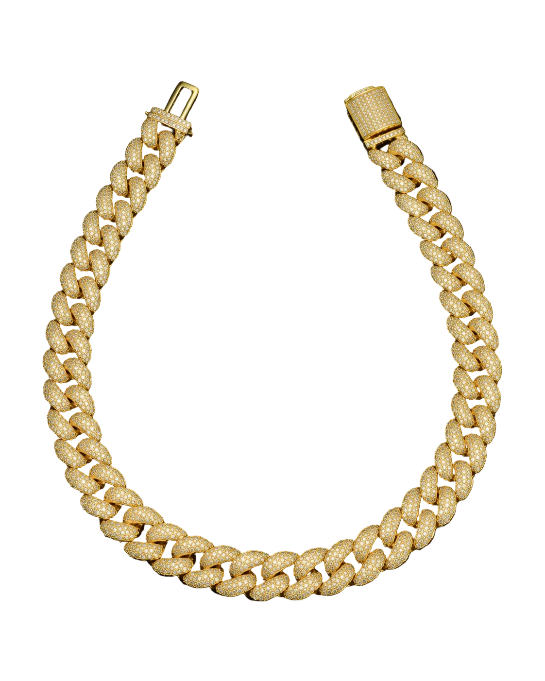 Gold iced Cuban link chain with pavé set stones and a box clasp