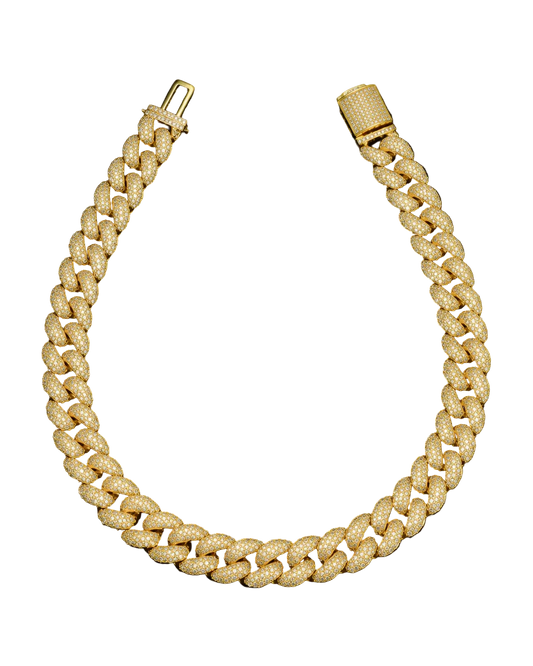 Gold iced Cuban link chain with pavé set stones and a box clasp