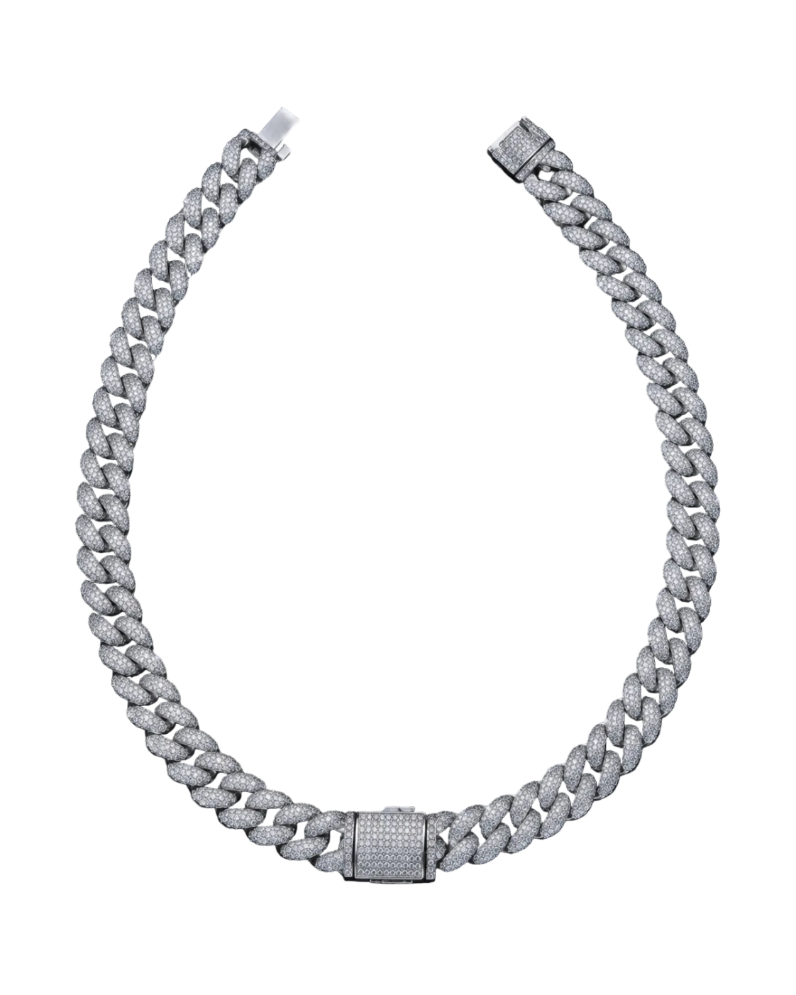 Silver iced Cuban link chain with pavé set stones and a box clasp