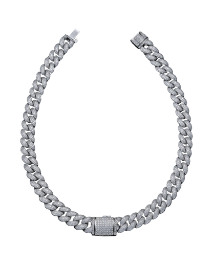 Silver iced Cuban link chain with pavé set stones and a box clasp