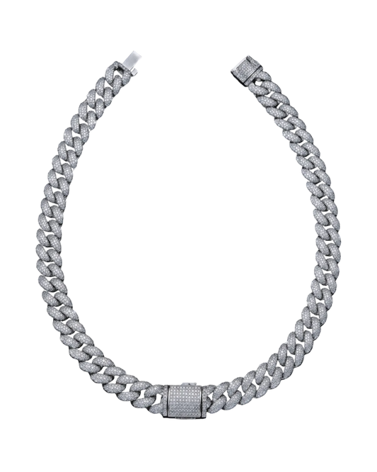 Silver iced Cuban link chain with pavé set stones and a box clasp