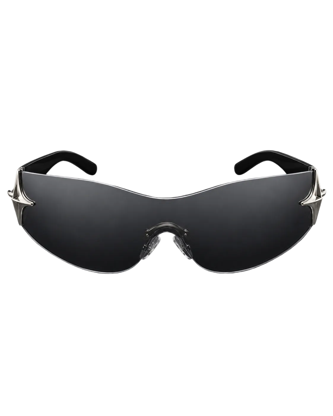 Rimless black wraparound sunglasses with chrome star detail at the temples