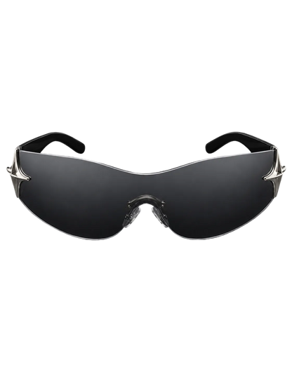 Rimless black wraparound sunglasses with chrome star detail at the temples