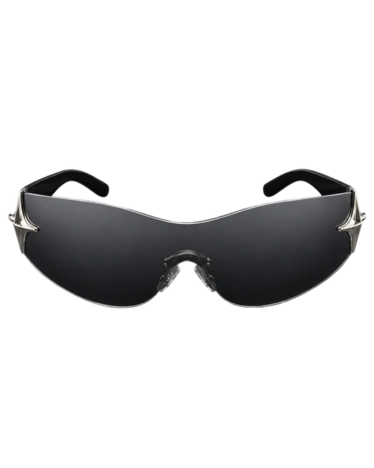 Rimless black wraparound sunglasses with chrome star detail at the temples