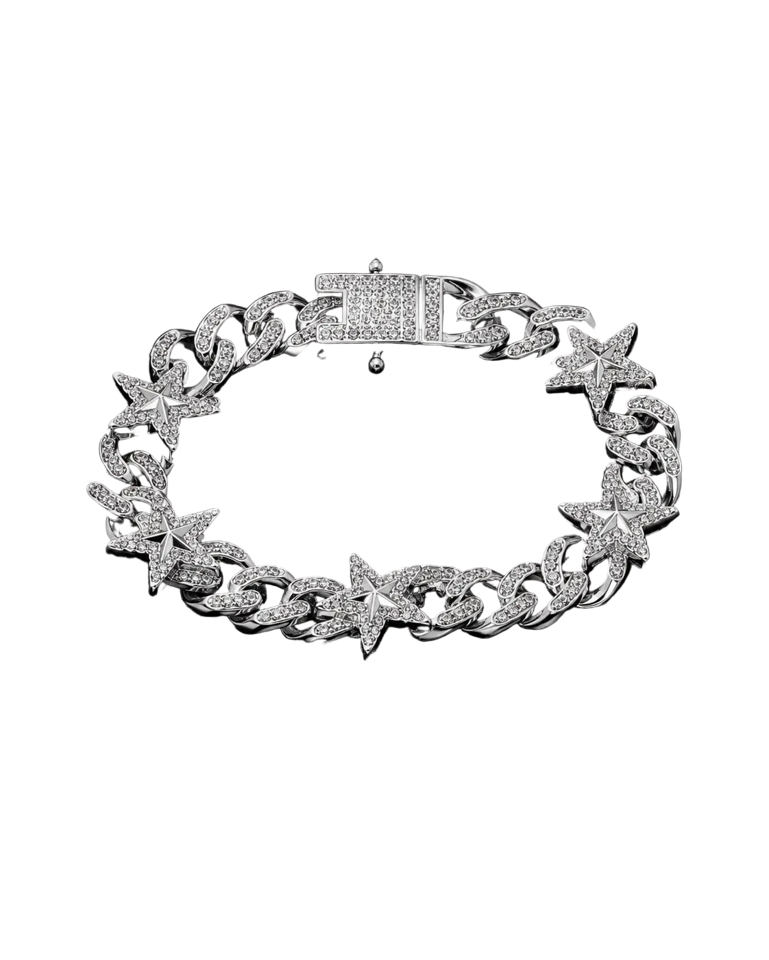 Silver star link bracelet with pavé set stones and a box clasp