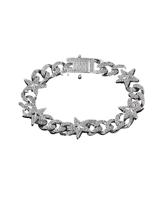 Silver star link bracelet with pavé set stones and a box clasp